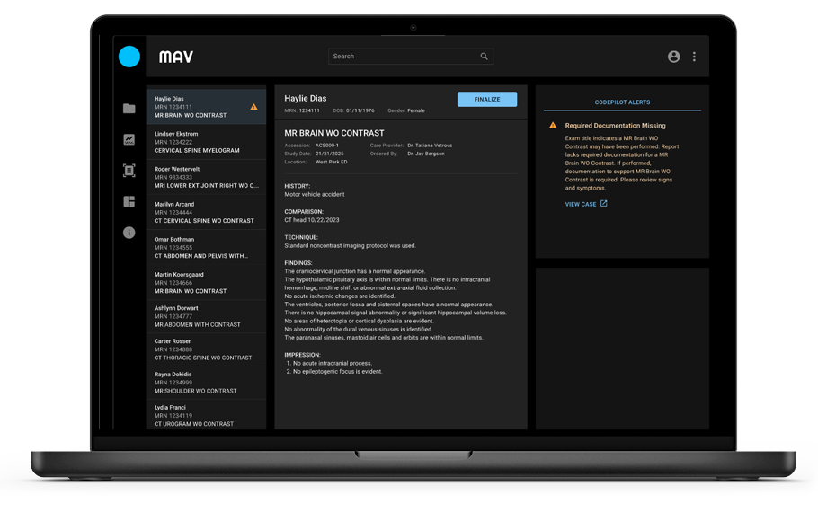 A laptop showing the CodePilot tool working within a radiology system.